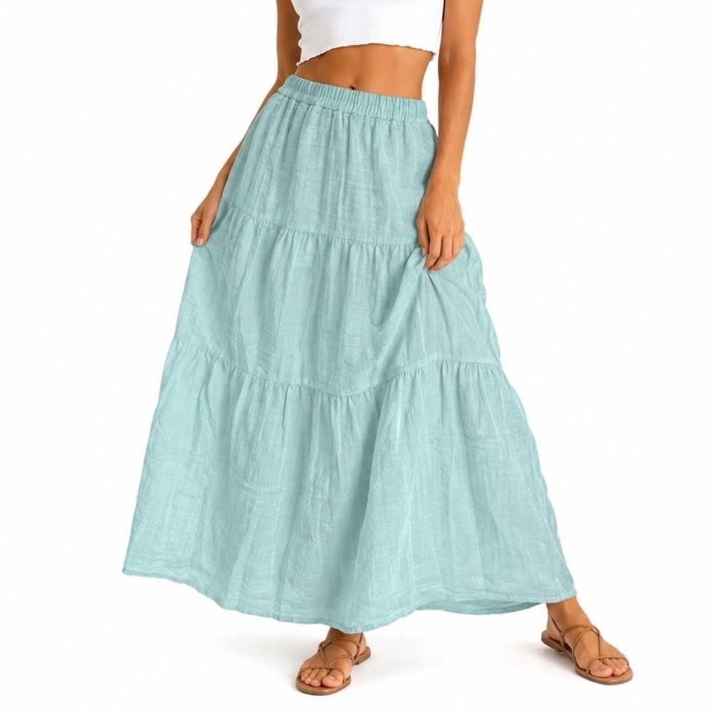 Rachel Zoe Tiered Maxi Skirt Women Size S Seafoam Green 100% Linen Boho Coastal